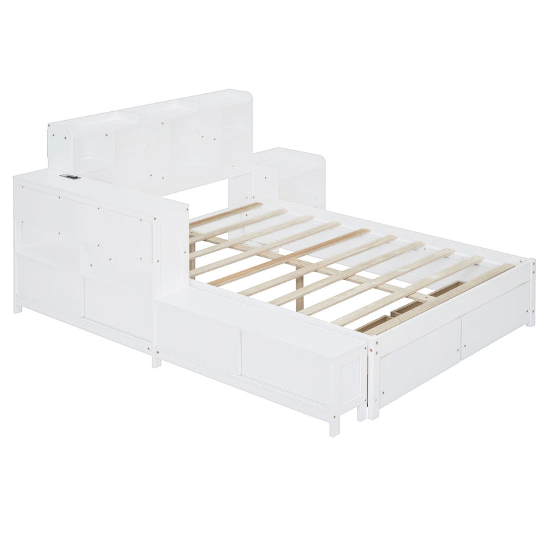 Platform Bed With Multi Functional Storage Space, Nightstand, 2 Drawers, USB Ports And Desk