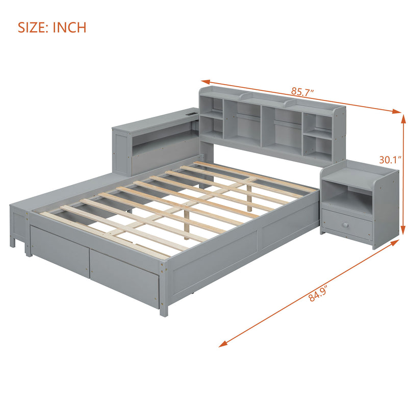 Platform Bed With Multi Functional Storage Space, Nightstand, 2 Drawers, USB Ports And Desk