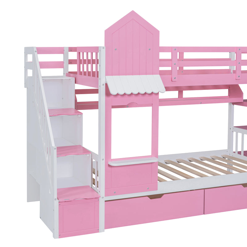 Twin-Over-Twin Castle Style Bunk Bed with 2 Drawers 3 Shelves and Slide - Pink