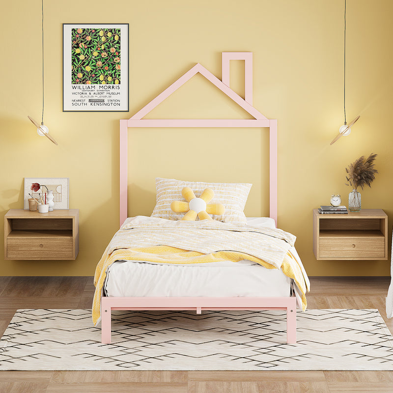 Twin Size Metal Platform Bed with House-Shaped Headboard Design, Pink