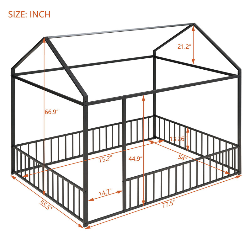 Metal Bed House Bed Frame With Fence, For Kids, Teens, Girls, Boys