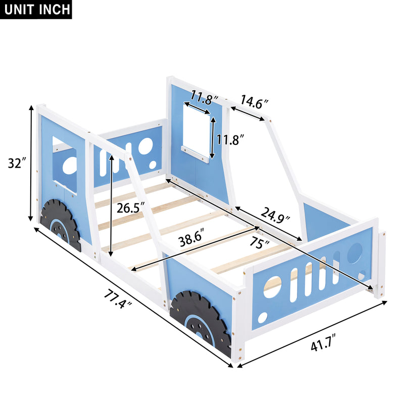 Twin Size Classic Car-Shaped Platform Bed with Wheels,Blue