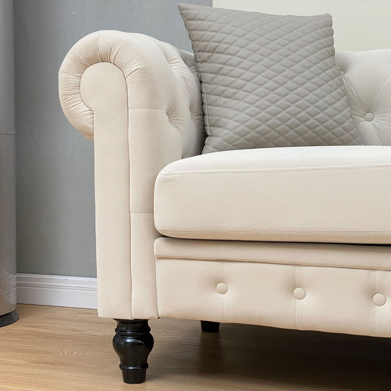 Chesterfield Sofa, 3-Seater Plush Fabric With Tufted Buttons And Wooden Legs, Classic Design - Beige