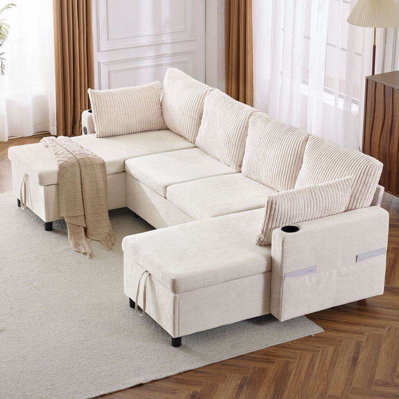 Sectional Sofa Pull Out Sofa Bed Versatile Sofa Sleeper With Large Storage Space, Two USB Ports And Two Cup Holders For Living Room