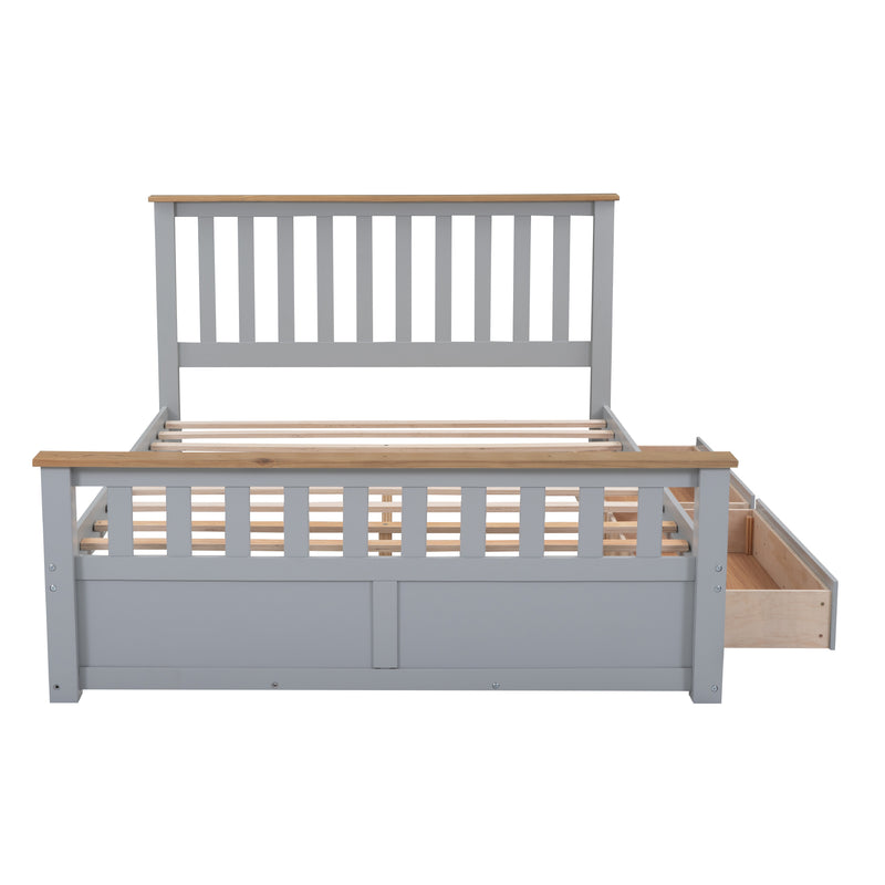 Queen Size Wood Platform Bed with Two Drawers and Wooden Slat Support,Gray+Natrual