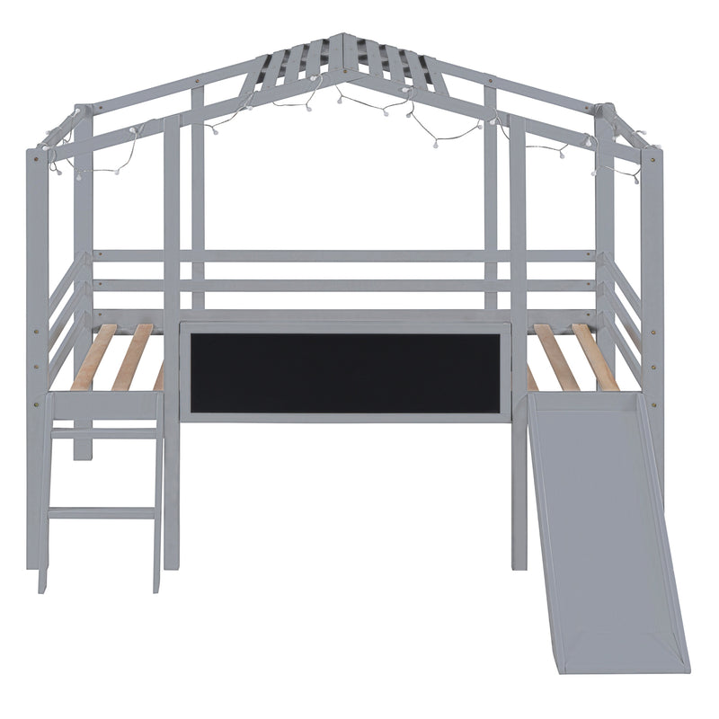 Twin Size Loft Bed with Ladder and Slide, House Bed with Blackboard and Light Strip on the Roof, Gray