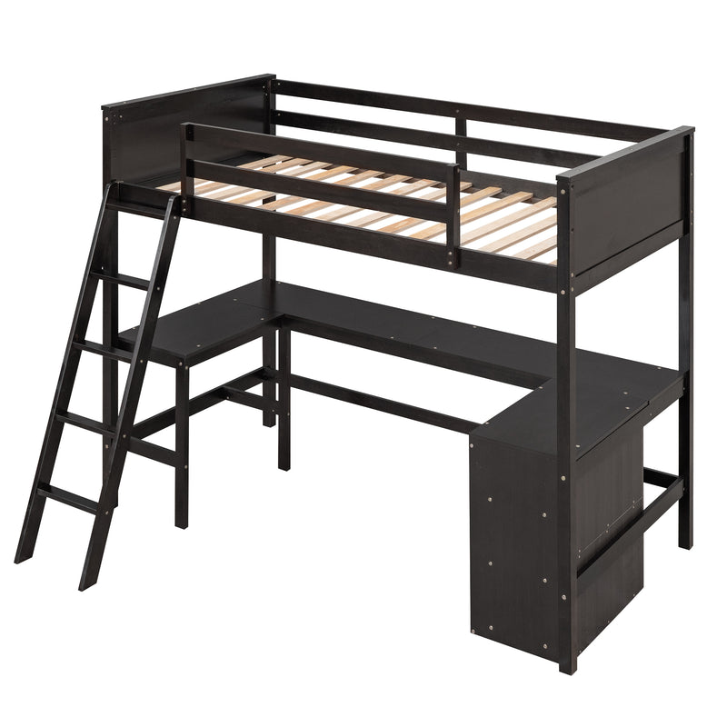 Twin size Loft Bed with Shelves and Desk, Wooden Loft Bed with Desk - Espresso(OLD SKU:LT000537AAP)