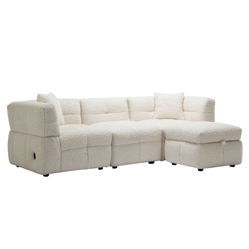 Sectional Sofa Cozy Teddy Fleece Sectional Sofa Couch With Two USB Ports A Movable Storage Ottoman And Two Lumbar Pillows For Living Room