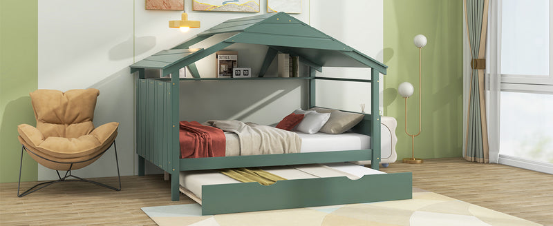 Wood Full Size House Bed with Twin Size Trundle and Storage, Green