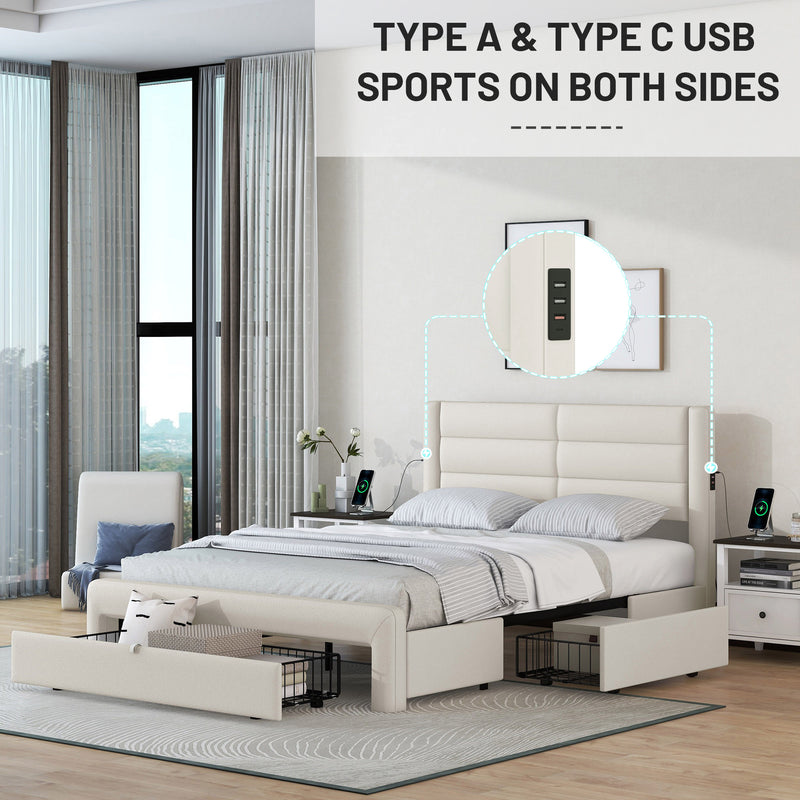 Queen Size Bed Frame with Drawers Storage, Leather Upholstered Platform Bed with Charging Station,Beige