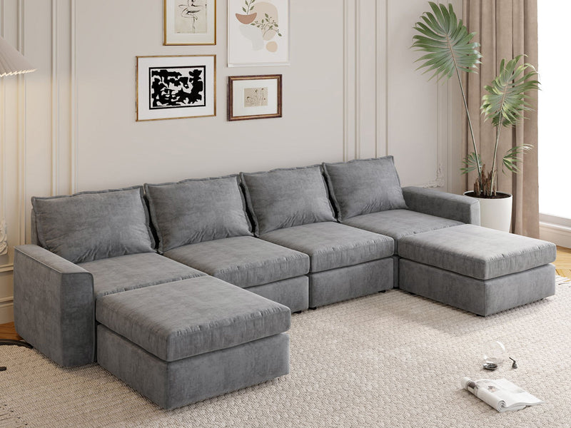 Chenille Modular Sectional Sofa, U Shaped Reversible Couch, Free Combination, 6 Seat Sleeper Sofa Bed With Ottoman, Convertible Oversized Indoor Furniture - Gray