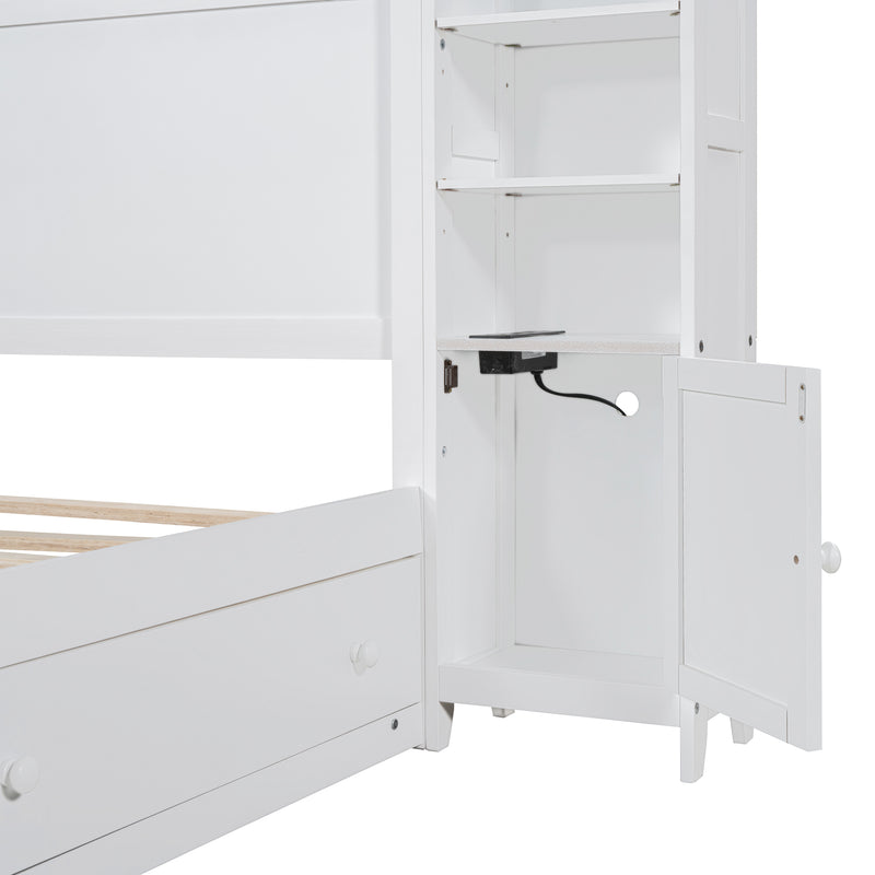 Queen Size Wooden Bed With All-in-One Cabinet, Shelf and Sockets, White