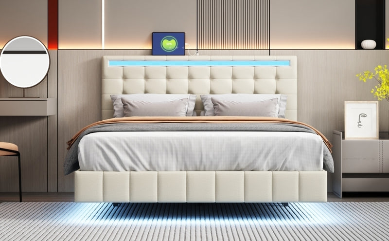 Queen Size Floating Bed Frame with LED Lights and USB Charging,Modern Upholstered Platform LED Bed Frame,Beige