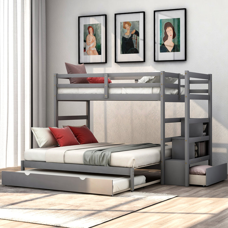 Twin over Twin/King (Irregular King Size) Bunk Bed with Twin Size Trundle, Extendable Bunk Bed   (Gray)(OLD SKU :LP000032AAE)