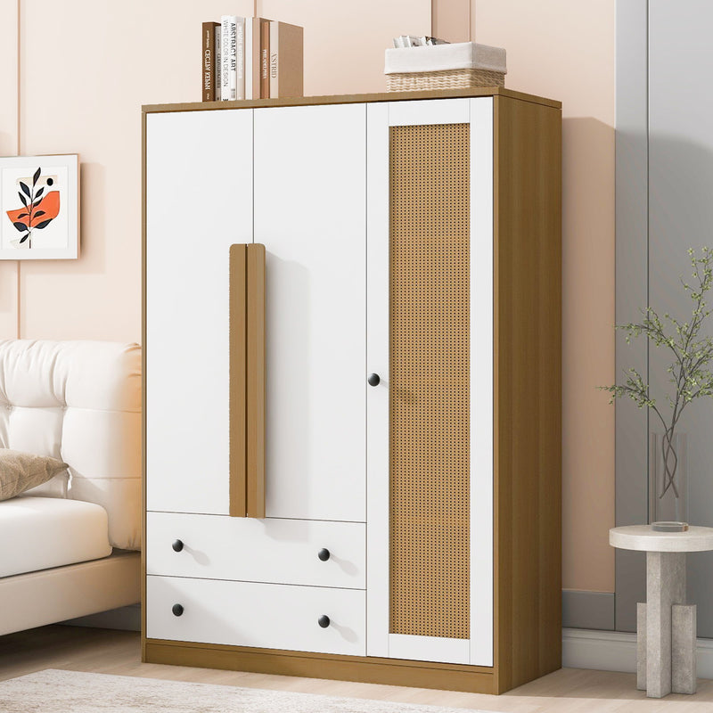 3 Doors Rattan Wardrobe Storage For Bedroom, With 2 Drawers