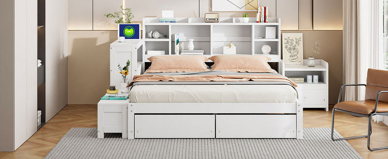 Platform Bed With Multi Functional Storage Space, Nightstand, 2 Drawers, USB Ports And Desk