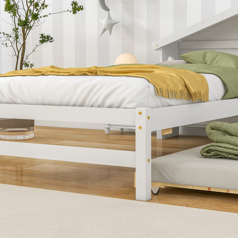 Twin Storage House Bed for kids with Bedside Table, Trundle, White