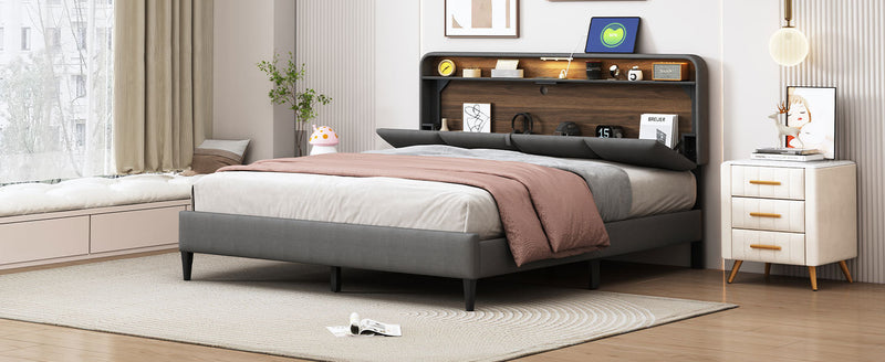 Queen size Upholstered Platform Bed with Storage Headboard, Sensor Light and a set of Sockets and USB Ports, Linen Fabric, Gray