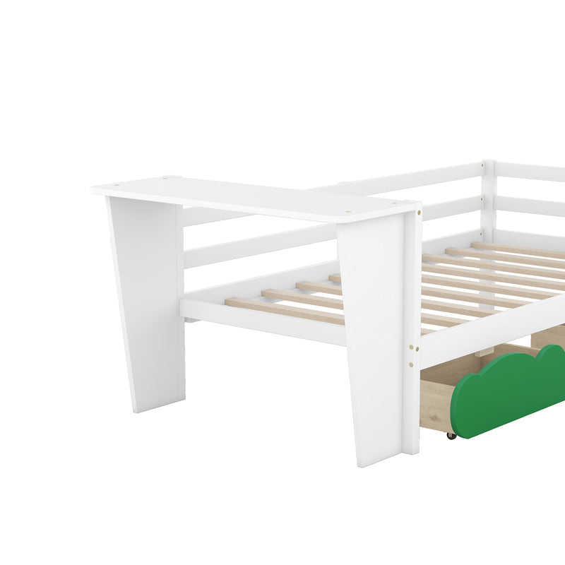 Twin Size Daybed with Desk, Green Leaf Shape Drawers and Shelves, White