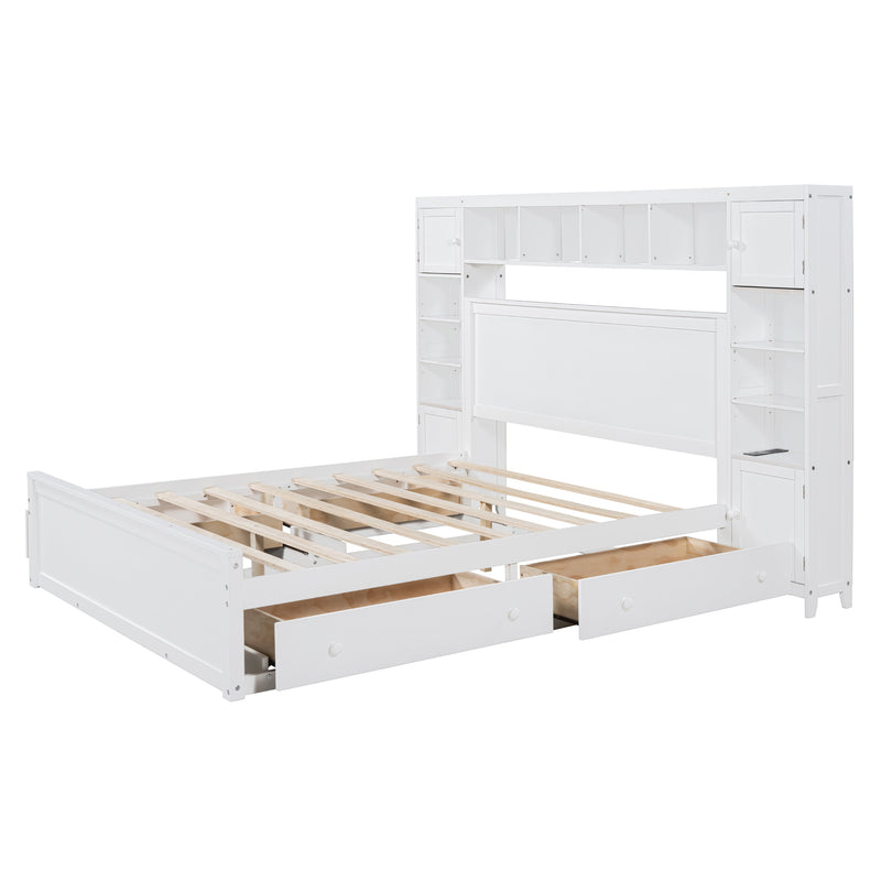 Queen Size Wooden Bed With All-in-One Cabinet, Shelf and Sockets, White