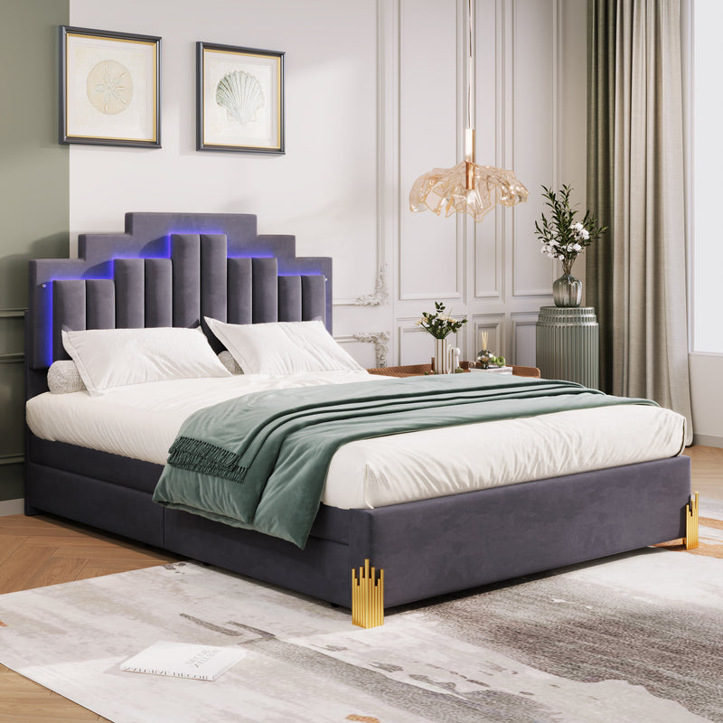 Queen Size Upholstered Platform Bed with LED Lights and 4 Drawers, Stylish Irregular Metal Bed Legs Design, Gray