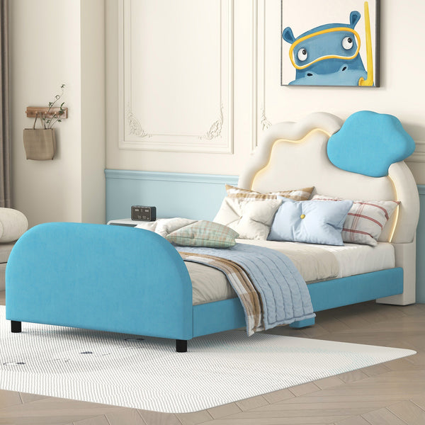 Twin Size Upholstered Platform Bed with Cloud-Shaped Headboard and Embedded Light Stripe, Velvet, Blue