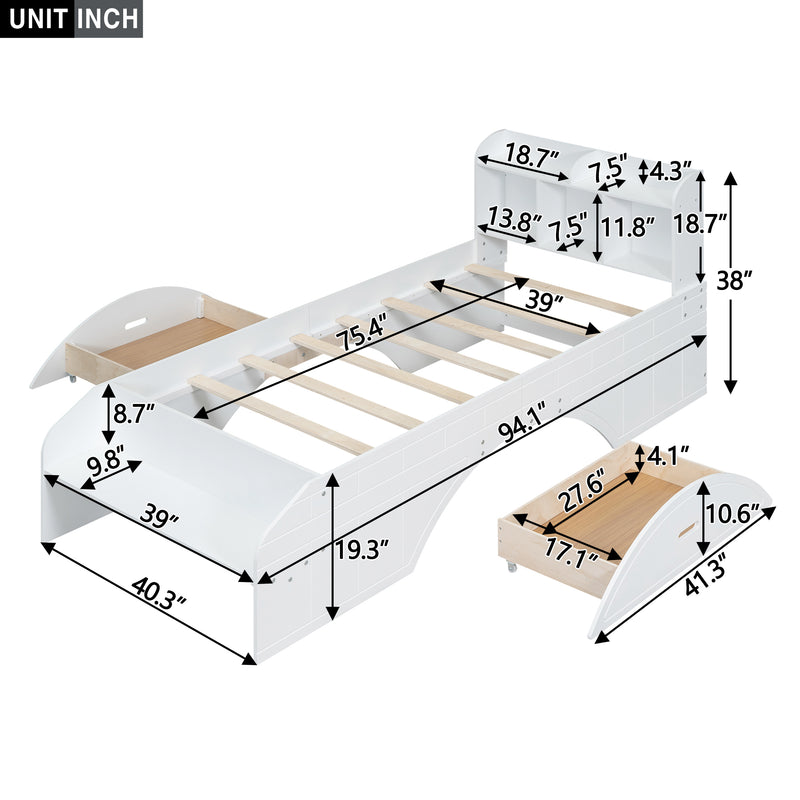 Wood Twin Size Platform Bed with 2 Drawers, Storage  Headboard and Footboard, White