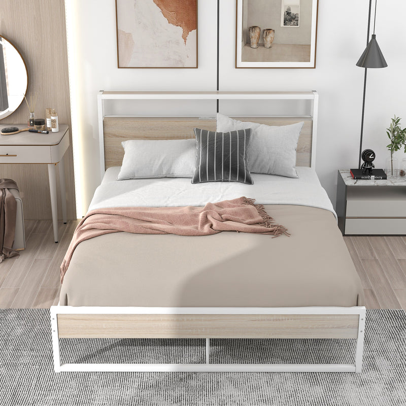 Queen Size Metal Platform Bed Frame with Sockets, USB Ports and Slat Support ,No Box Spring Needed White