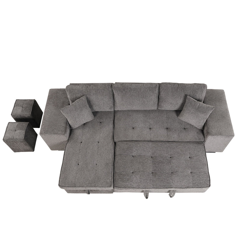 Modern L-Shape 3 Seat Reversible Sectional Couch, Pull Out Sleeper Sofa With Storage Chaise And 2 Stools For Living Room Furniture Set