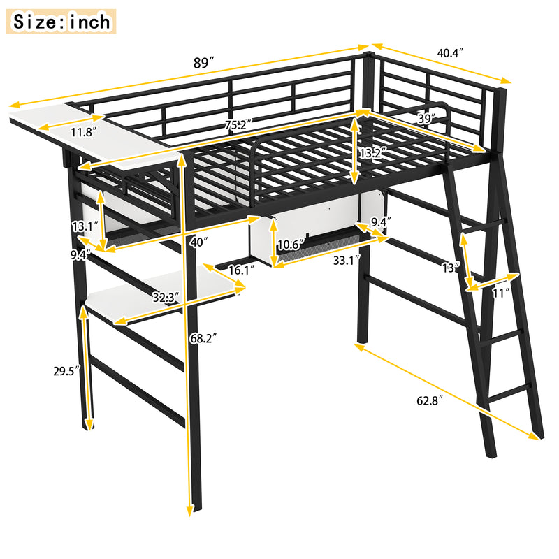 Twin Size Metal Loft Bed with 2 Shelves, a desk and a Hanging Clothes Rack, Black and White