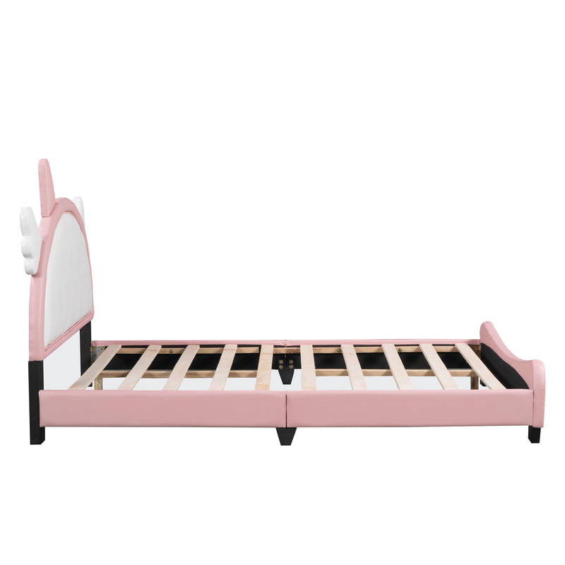 Cute Full size Upholstered Bed With Unicorn Shape Headboard,Full Size Platform Bed with Headboard and Footboard,White+Pink