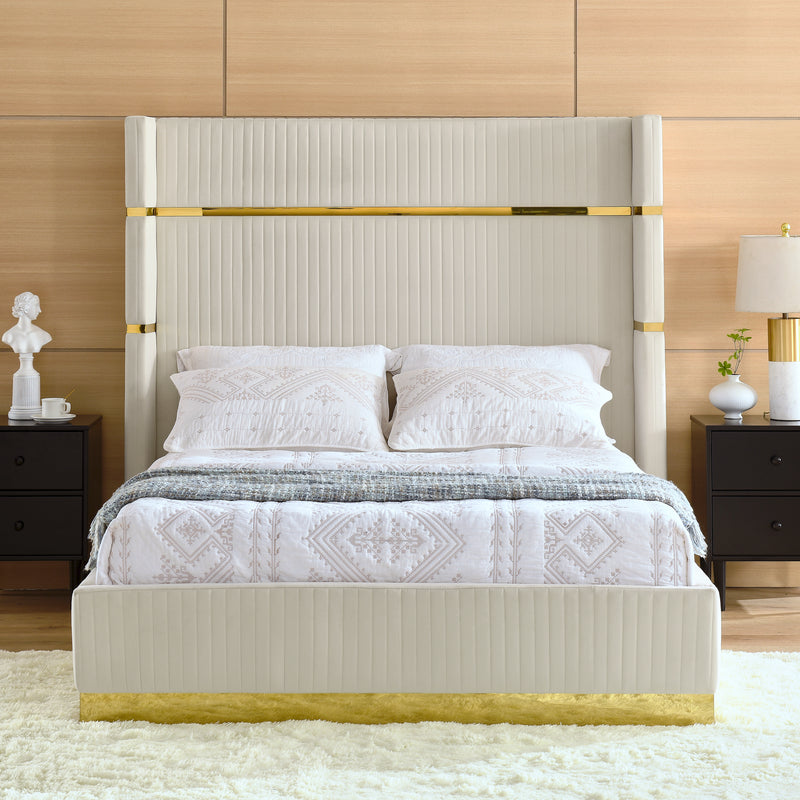 Corduroy Upholstered Bed Frame Queen Size 65" Tall Wingback Headboard Queen Bed Frame Metal Decoration /No Box Spring Needed