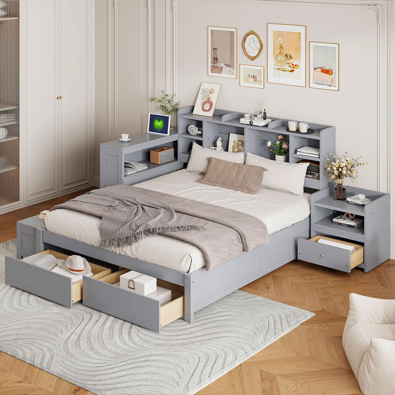 Platform Bed With Multi Functional Storage Space, Nightstand, 2 Drawers, USB Ports And Desk