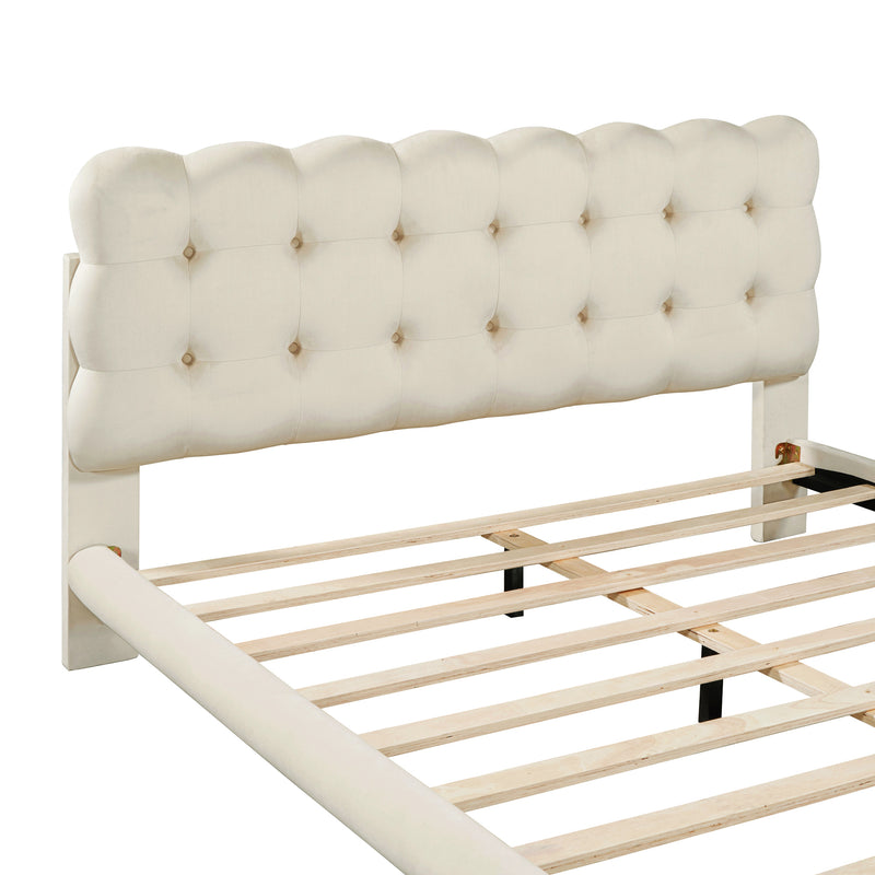 Queen Size Velvet Platform Bed with LED Frame, Thick & Soft Fabric and Button-tufted Design Headboard, Beige