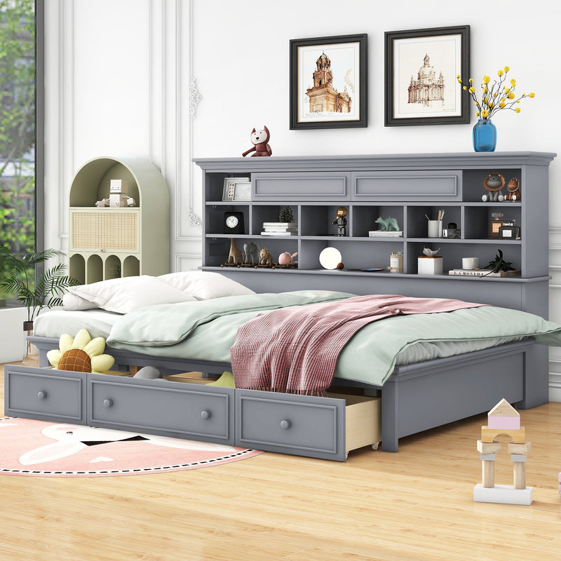 Twin Size Wood Daybed with Multi-Storage Shelves, Charging Station and 3 Drawers, Gray