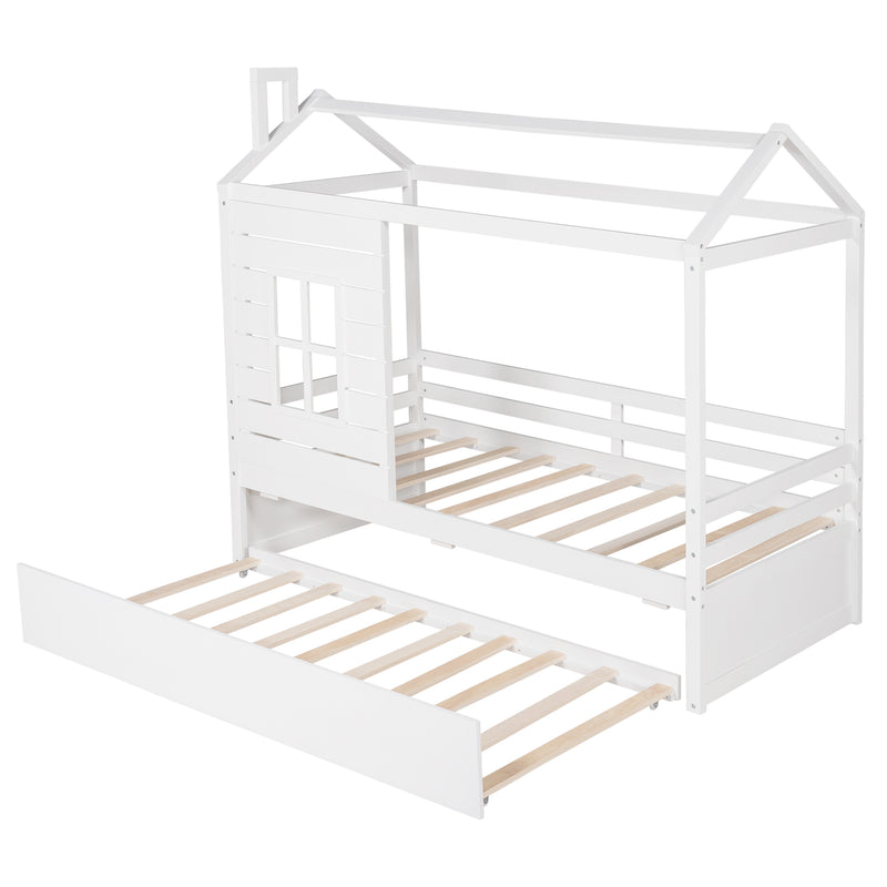 Twin Size House Bed Wood Bed with Twin Size Trundle ( White )