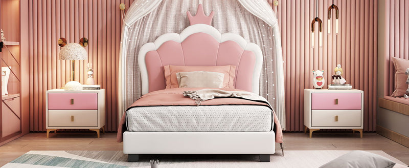 Twin Size Upholstered Princess Bed With Crown Headboard, Twin Size Platform Bed With Headboard And Footboard - White / Pink