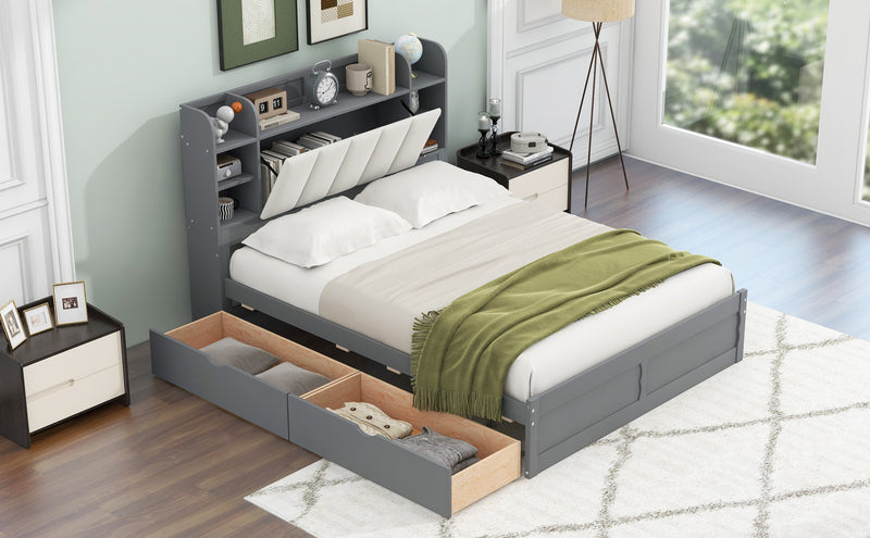 Wood Queen Size Platform Bed with Storage Headboard, Shelves and 2 Drawers, Gray