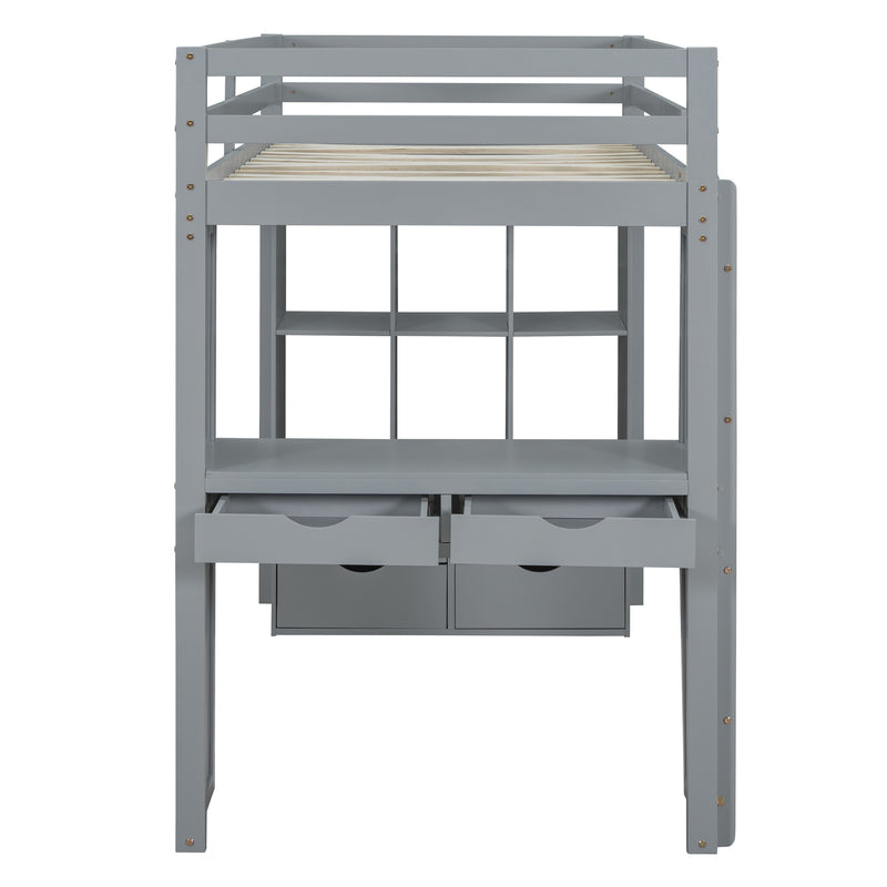 Twin Size Loft Bed with large shelves, writing desk and LED Light, Gray