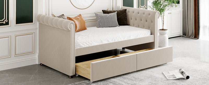 Twin Size Upholstered daybed with Drawers, Wood Slat Support, Beige(OLD SKU :LP000117AAA)