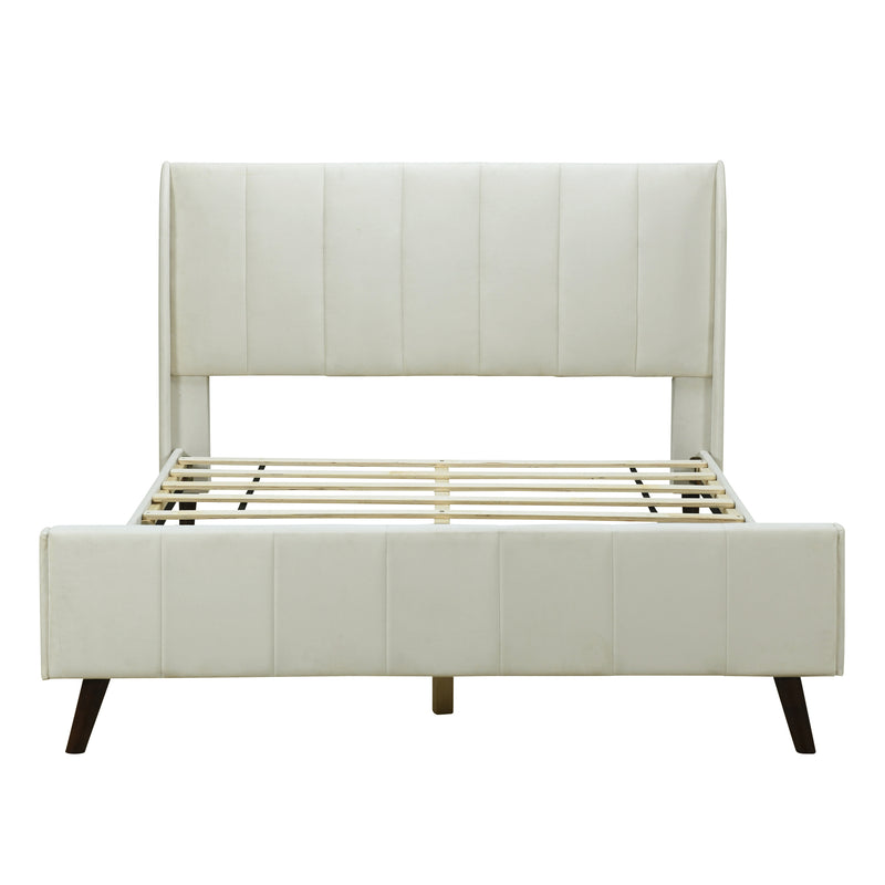 Queen Size Upholstered Platform Bed, Velvet, Beige