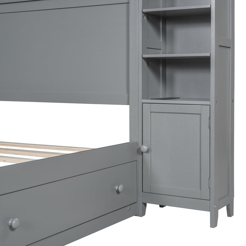 Queen Size Wooden Bed With All-in-One Cabinet, Shelf and Sockets, Gray