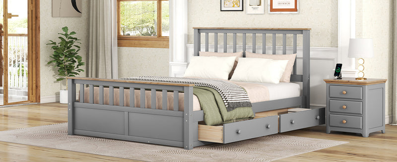 Queen Size Wood Platform Bed with Two Drawers and Wooden Slat Support,Gray+Natrual