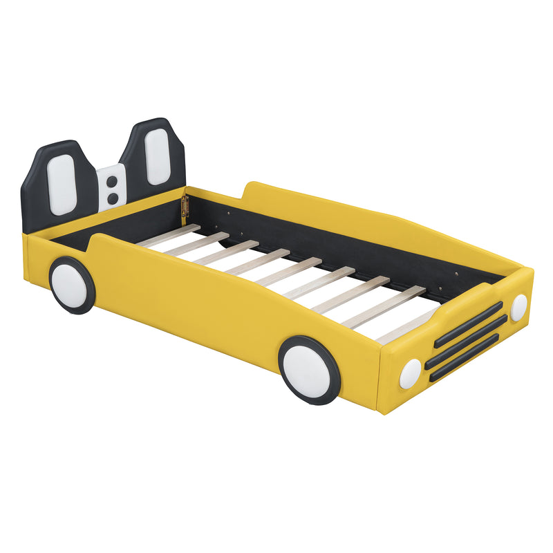 Twin Size Race Car-Shaped Platform Bed with Wheels,Yellow