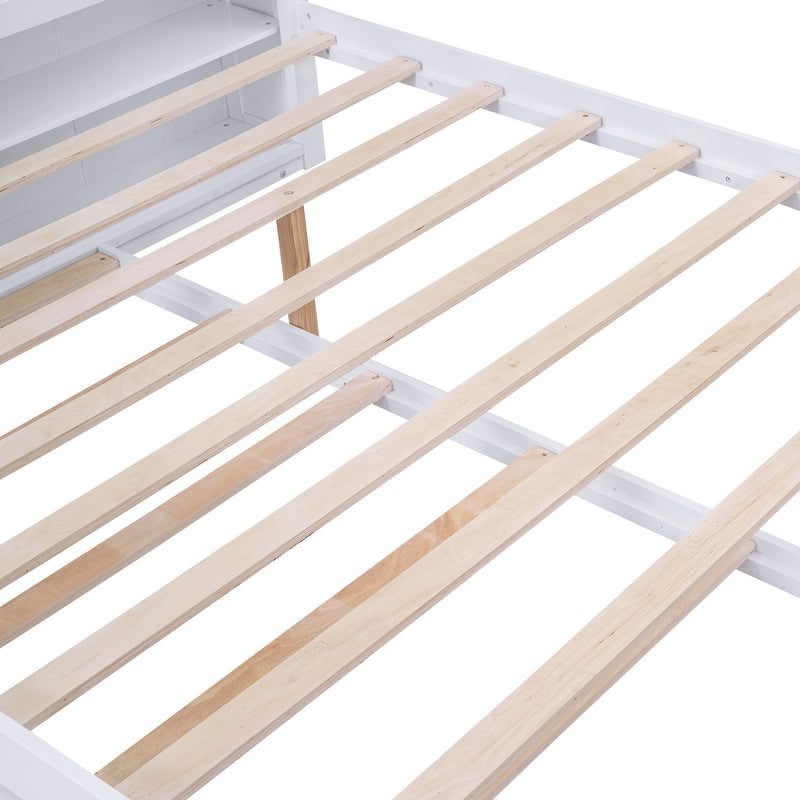 Queen Size Storage Platform Bed with Pull Out Shelves and Twin  XL Size Trundle, White