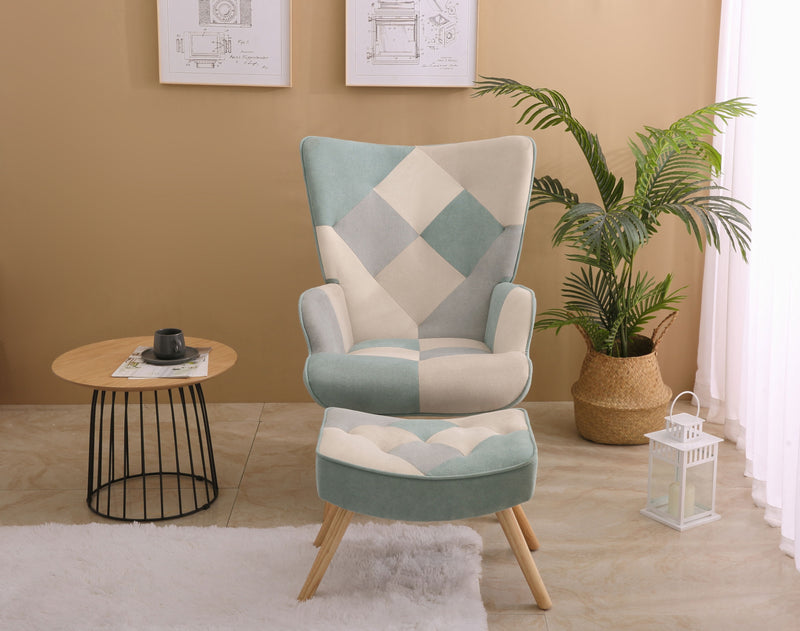 Accent Chair With Ottoman, Living Room Chair And Ottoman Set, Comfy Side Armchair For Bedroom, Creative Splicing Cloth Surface