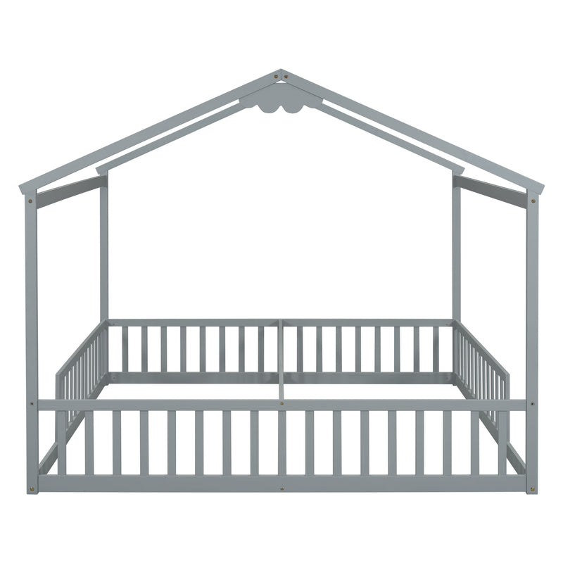 Double Twin House-Style Floor Bed With Fence, Guardrails, Without Door