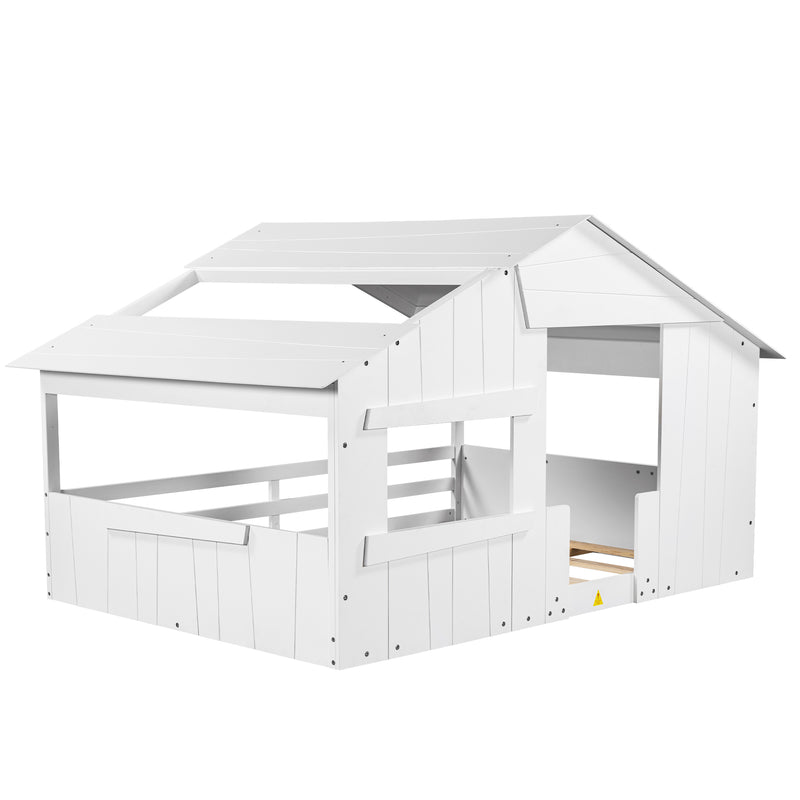 Wood Full Size House Bed with Roof, Window and Guardrail, White