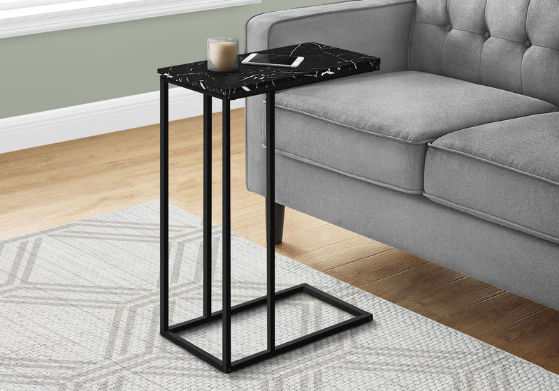 Accent Table, C - Shaped, Marble Look Modern Design - Black