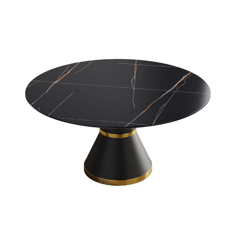 59.05" Modern Artificial Stone Round Black Carbon Steel Base Dining Table, Can Accommodate 6 People - Black